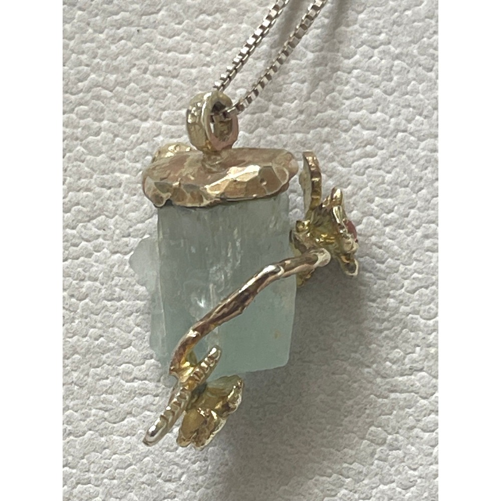 Aquamarine Pendant Necklace Sterling Silver 925 Gold Vermeil Leaf Branch 17" - Picture 5 of 10